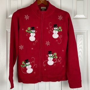 Classic elements ugly Christmas winter snowman full zip sweater, womens L